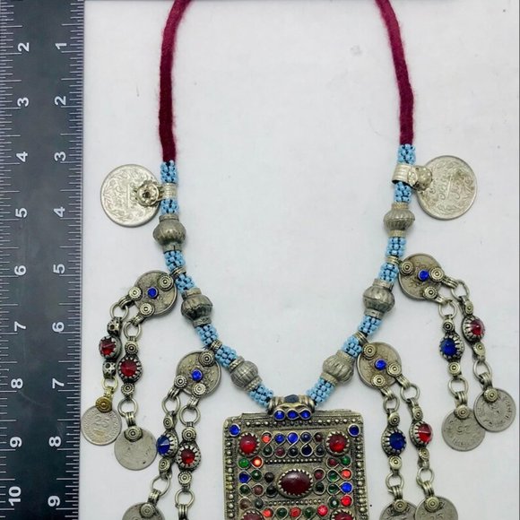 Tribal Handmade Beaded Chain Necklace With Long Tassels and Coins - Picture 10 of 12